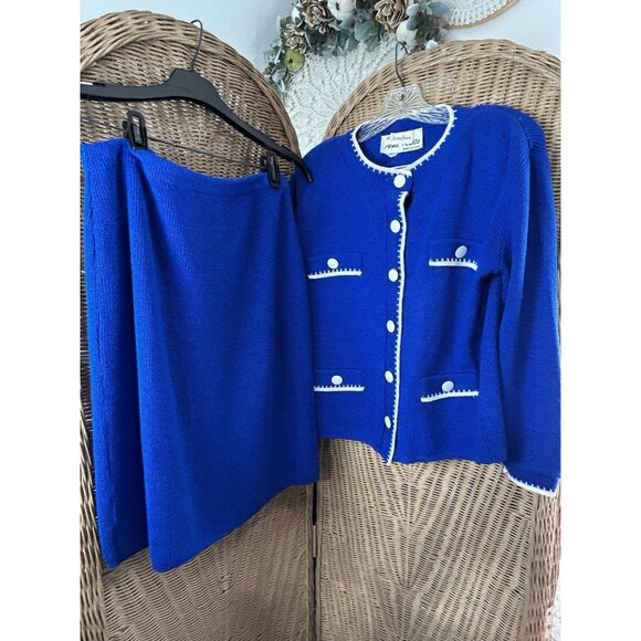 Vintage Neiman Marcus Ami Knits Knit Cardigan Skirt Suit Blue White Sz10 Corp - Picture 1 of 10